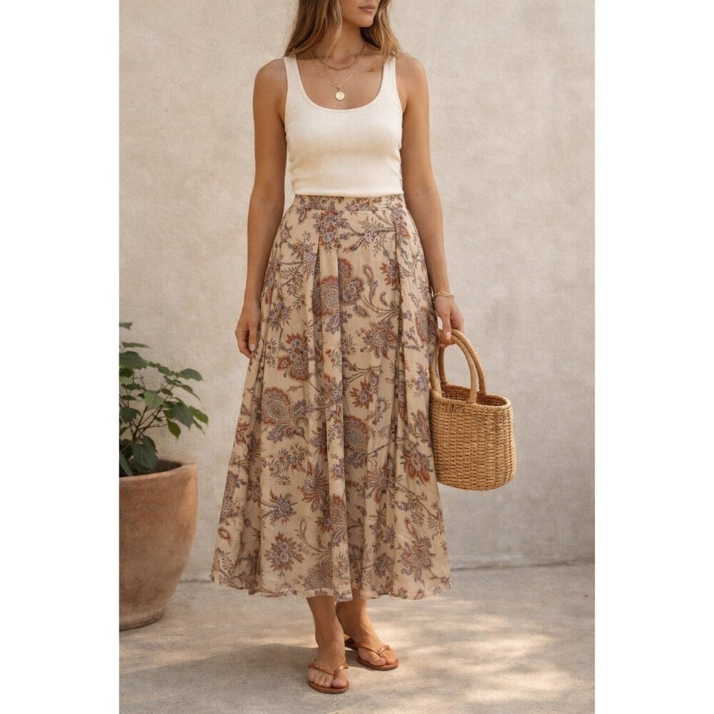 Madison Gray Silk Paisley Midi Skirt Size 12 Boho Vintage Floral Earth Tone